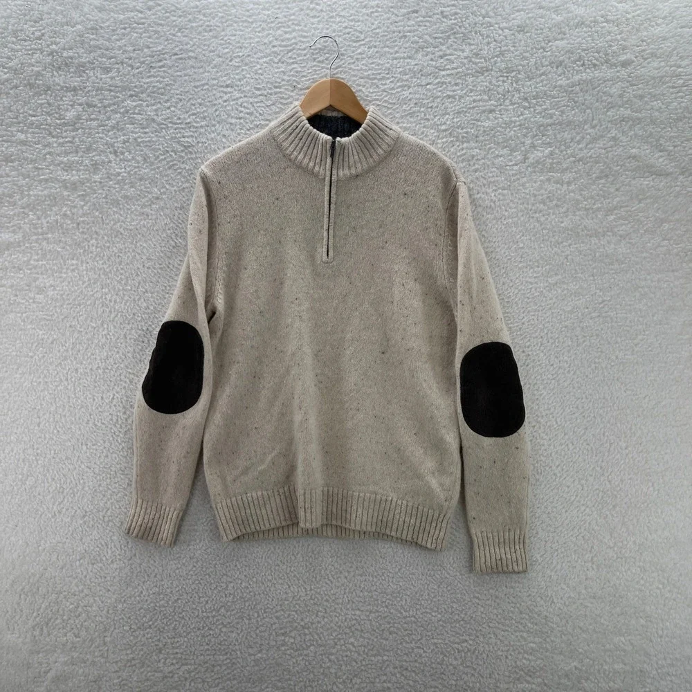 LL Bean Sweater Mens M Cream 1/4 Zip Shetland Corduroy Elbow Patch Outdoor Gorp